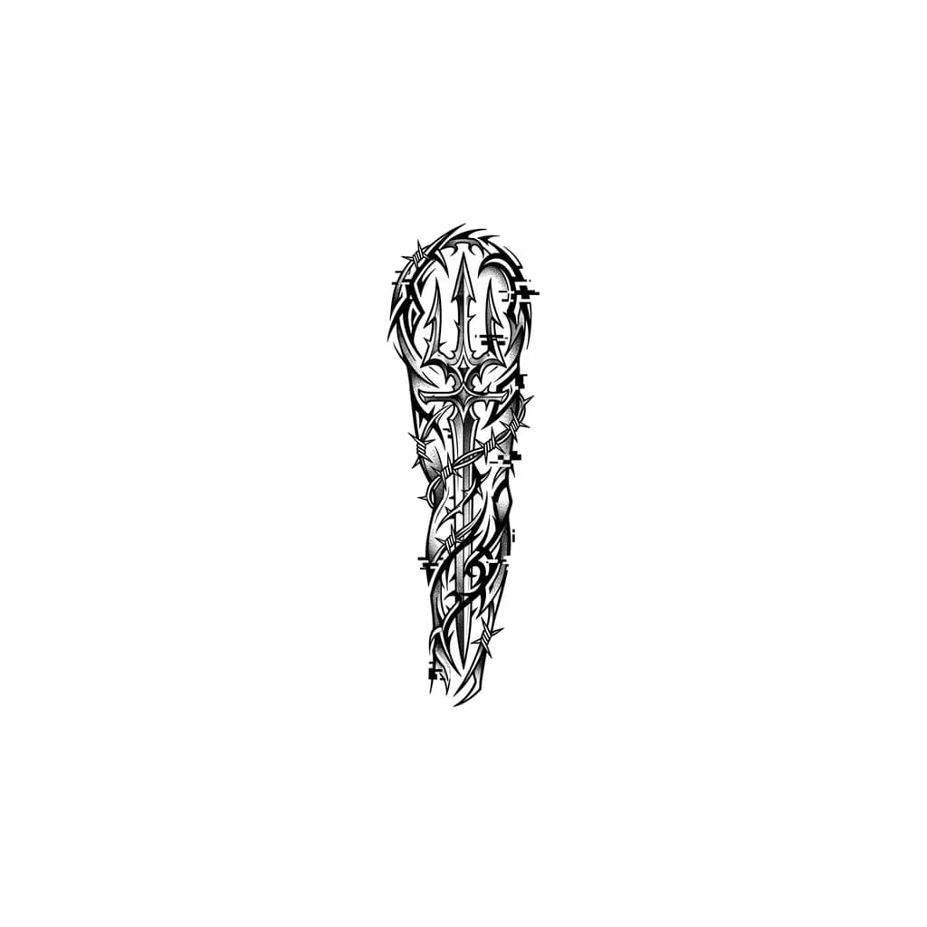 Тату эскиз: tatuagem que se baseie no estilo dark ornamental que tenha como foco uma espada ou um tridente no centro