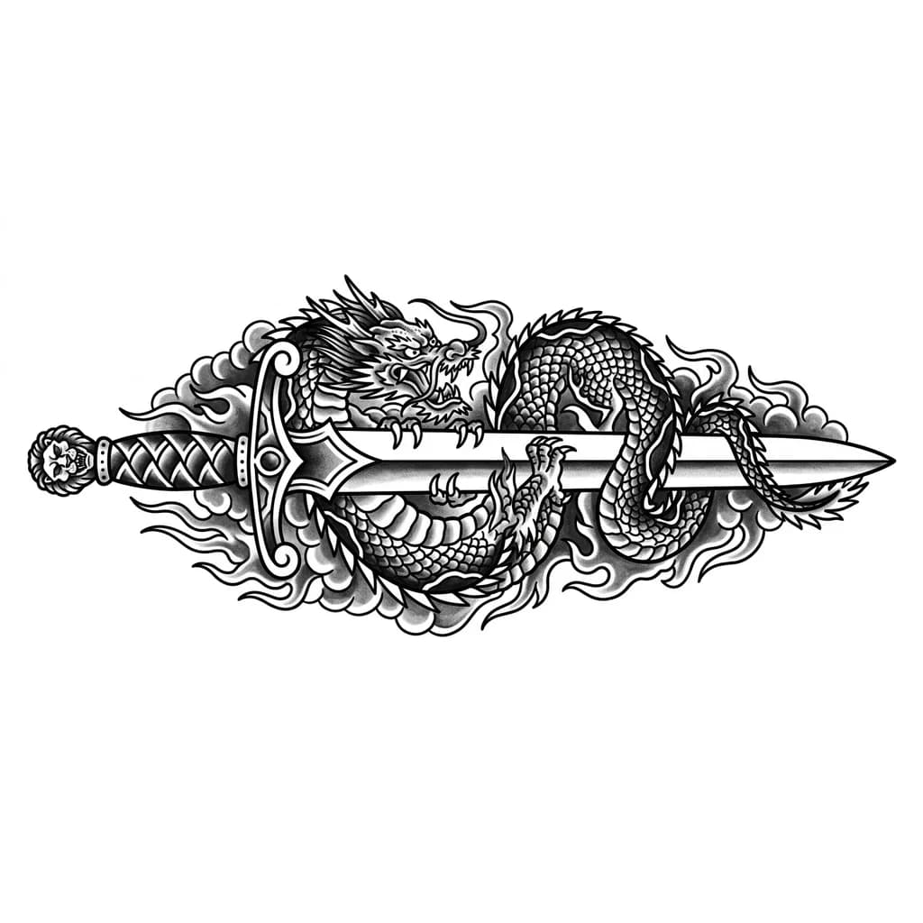 Тату эскиз: It’s a back tattoo and it’s a big cool looking sword with a dragon wrapped around it