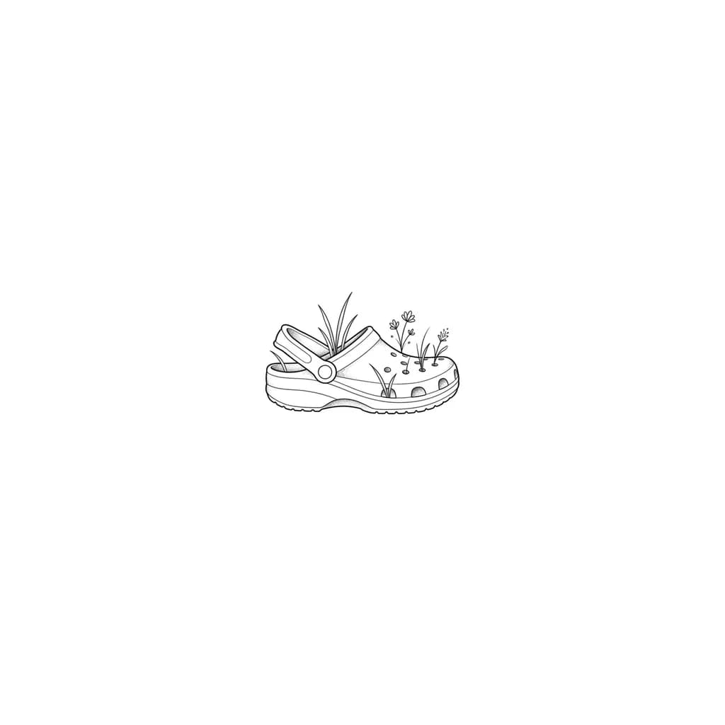 Тату эскиз: small crocs shoe with little bit of grass out of the holes in it without any ground unfer the shoe

