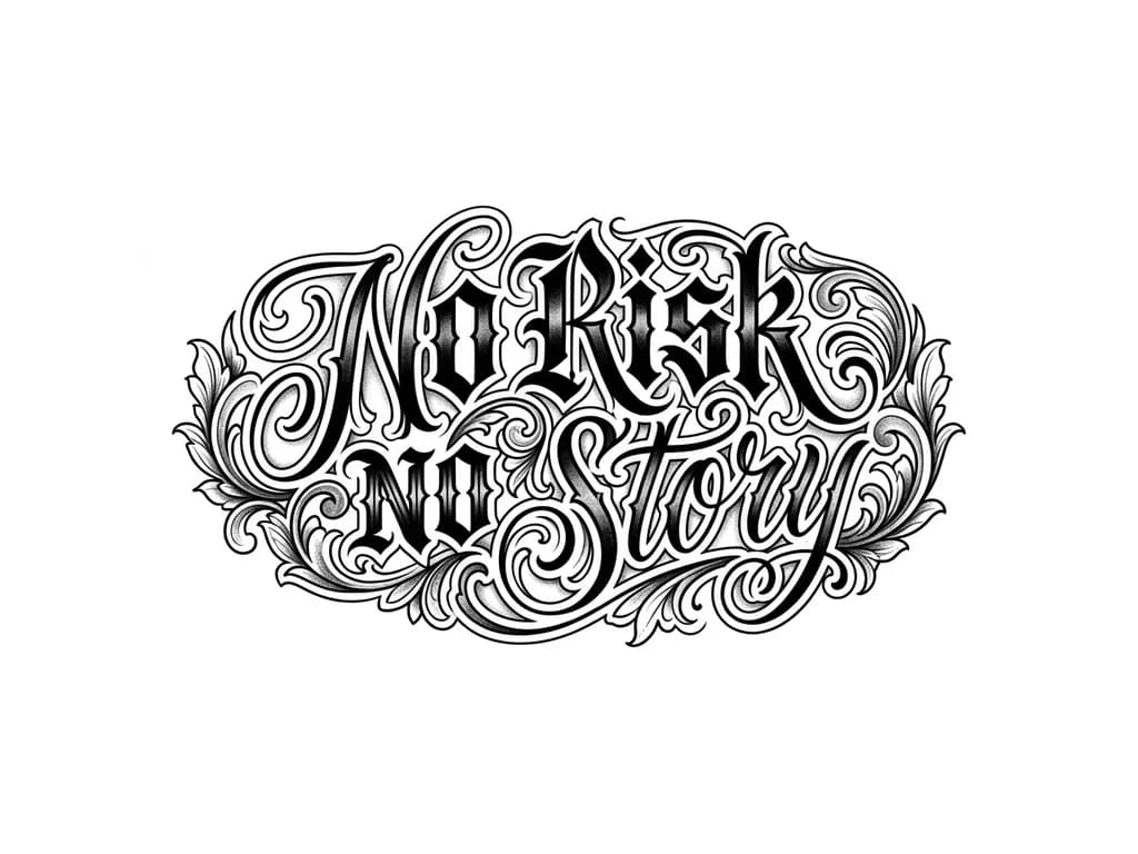 Тату эскиз: Gothic chicano calligraphy 
‘’No risk No story’’