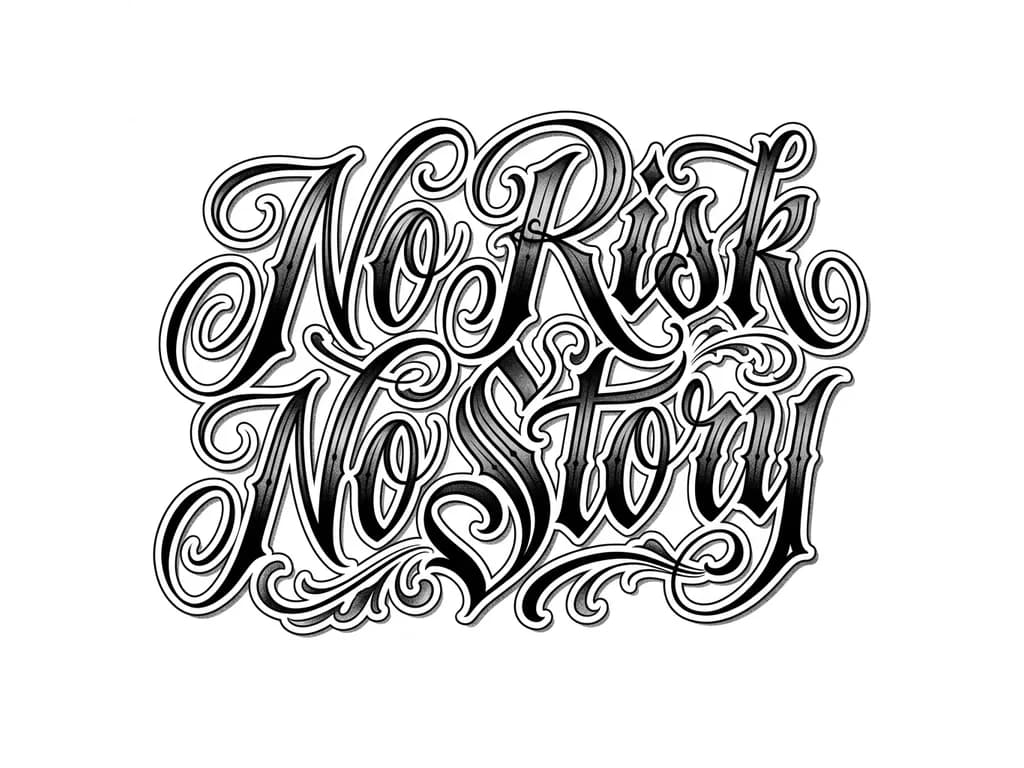 Тату эскиз: Gothic chicano calligraphy , 3D effect whith perspective and depth
‘’No risk No story’’