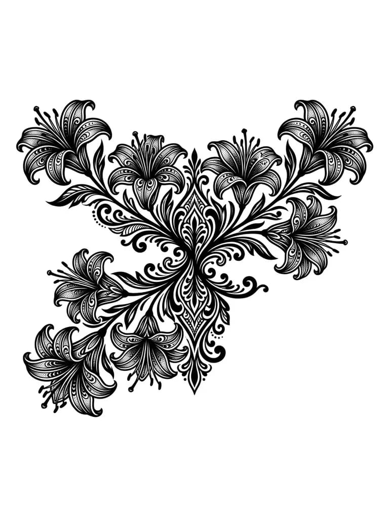 Тату эскиз: large black and grey lily spine tattoo with six flowers,

elegant branch flow, dark feminine, soft shading, negative space