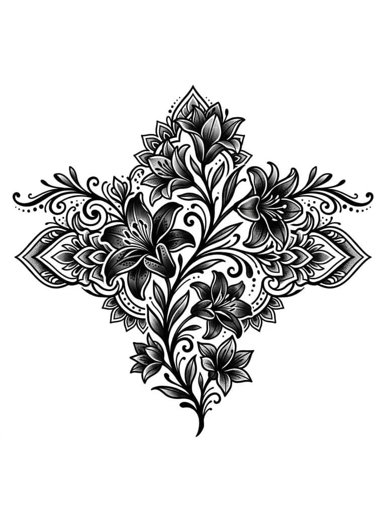 Тату эскиз: large black and grey lily spine tattoo with six flowers,

elegant branch flow, dark feminine, soft shading, negative space