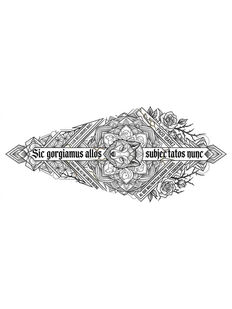 Тату эскиз: Quiero crear un tatuaje para mi pantorrilla completa. que sea en estilo geometrico, que tenga la frase " Sic Gorgiamus Allos Subjectatos Nunc " y que haga referencia a la resilencia y a la frase de la cancion de Paco Ibañez: " Erase una vez un lobito bueno al que maltrataban todos los corderos". Que sea un poco gotico tambien y de lineas delgadas. Quiero tambien que incluya el concepto Kintsugi de alguna forma en las lineas.