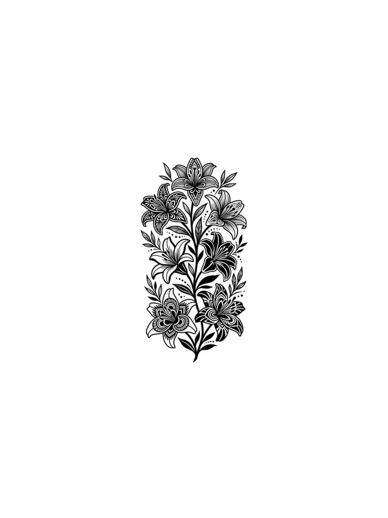 Тату эскиз: starting from the upper back and extending down to the sacrum.
A single central stem runs along the spine, designed to follow the natural curvature of the back. From this main stem, a secondary thin branch subtly extends outward in a soft organic curve to create natural movement and avoid rigidity.
Six lily flowers are placed along the stem, spaced vertically from upper back to lower back. Each lily is slightly different in angle and openness, creating a natural growth progression rath