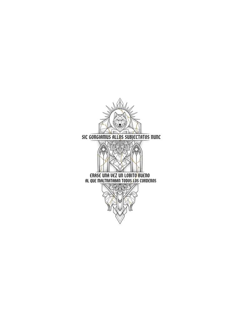 Тату эскиз: Quiero crear un tatuaje para mi pantorrilla completa. que sea en estilo geometrico, que tenga la frase " Sic Gorgiamus Allos Subjectatos Nunc " y que haga referencia a la resilencia y a la frase de la cancion de Paco Ibañez: " Erase una vez un lobito bueno al que maltrataban todos los corderos". Que sea un poco gotico tambien y de lineas delgadas. Quiero tambien que incluya el concepto Kintsugi de alguna forma en las lineas. Quiero que sea vertical y la frase este en dos lineas horizontales.