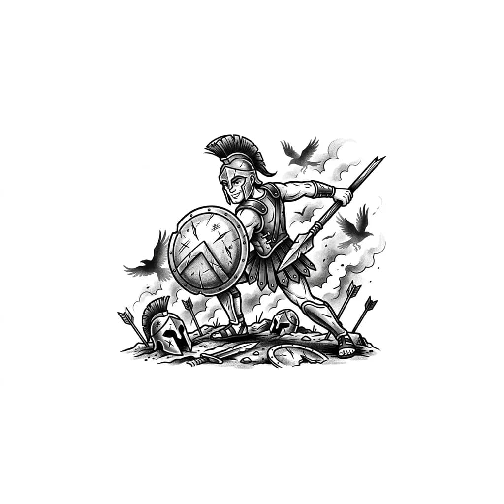 Тату эскиз: Tatuaje en el Gemelo del dios Ares: Cuerpo inclinado hacia adelante, con el escudo abollado protegiendo el flanco izquierdo.El brazo derecho extendido hacia atrás, sujeta una lanza rota pero afilada, lista para el golpe.Su rostro no muestra dolor sino una sonrisa de suficiencia hacia su .Cicatrices frescas Suelo de despojo: A sus pies,yelmos de enemigos aplastados y flechas rotas clavadas en la tierra.Humo y Ceniza: Sombras de cuervos (animal sagrado de Ares) revoloteando en el fondo,fundiéndose