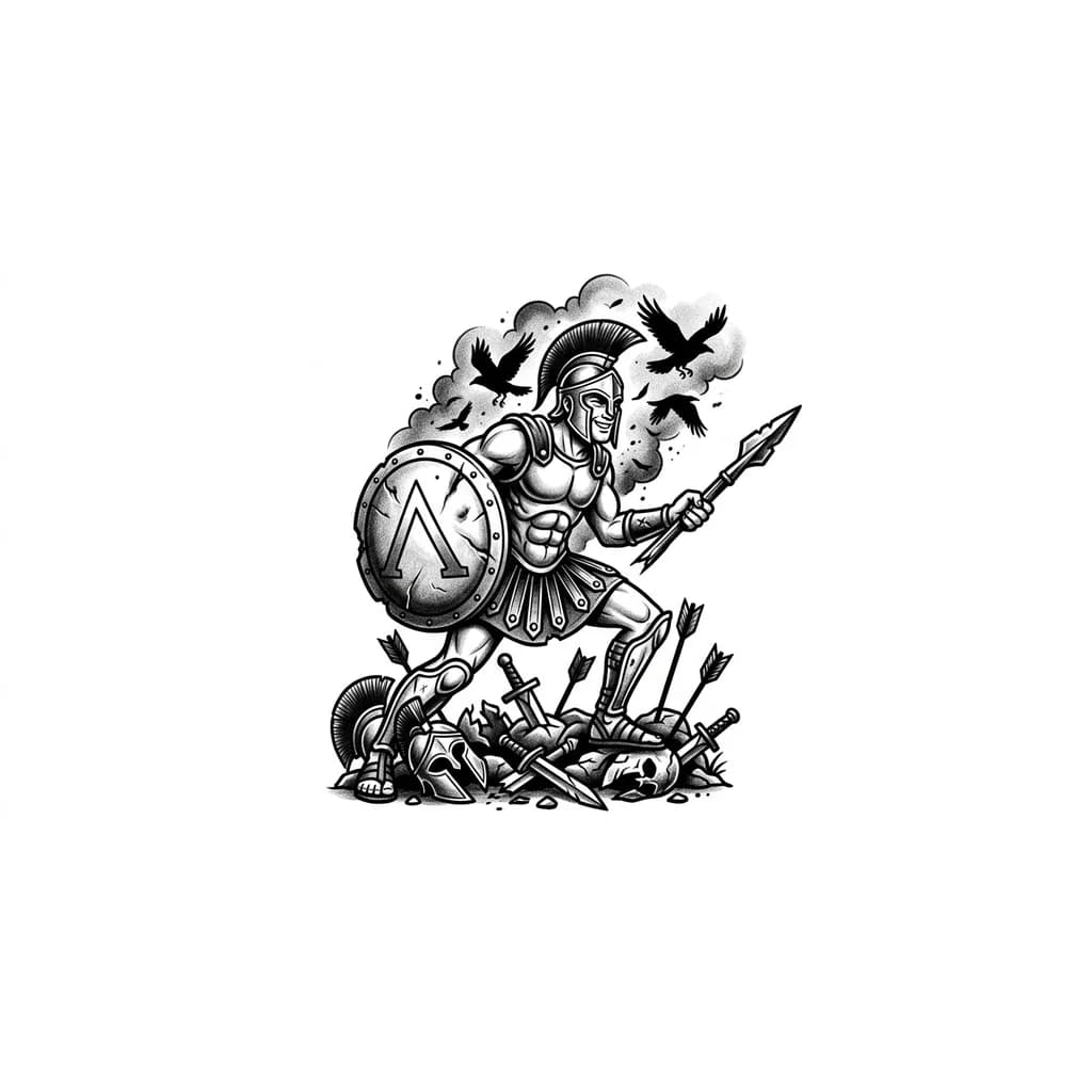 Тату эскиз: Tatuaje en el Gemelo del dios Ares: Cuerpo inclinado hacia adelante, con el escudo abollado protegiendo el flanco izquierdo.El brazo derecho extendido hacia atrás, sujeta una lanza rota pero afilada, lista para el golpe.Su rostro no muestra dolor sino una sonrisa de suficiencia hacia su .Cicatrices frescas Suelo de despojo: A sus pies,yelmos de enemigos aplastados y flechas rotas clavadas en la tierra.Humo y Ceniza: Sombras de cuervos (animal sagrado de Ares) revoloteando en el fondo,fundiéndose