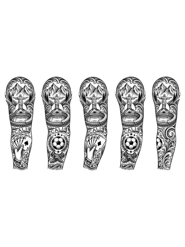 Тату эскиз: Tengo ganas de hacerme un tatuaje de toda la manga con elementos signficativos de mi ciudad cali (el estadio, cristo rey, los farallones), algo sobre casino (unas cartas por ejemplo) y algo con el futbol