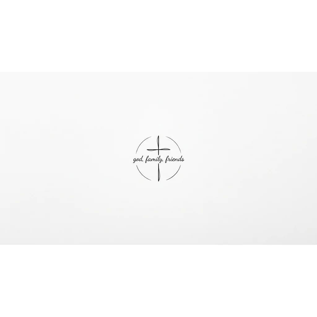 Тату эскиз: there is a samll cross, with 3 words, god, family, friends. its a hand tatto