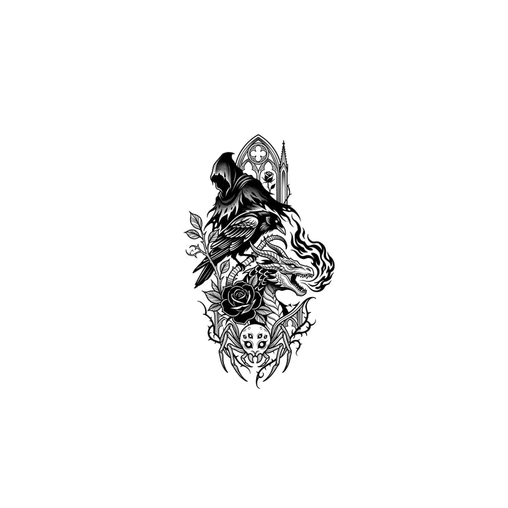 Тату эскиз: Make me a tattoo using the bosses from Dark Souls 2 and 3 as examples. Two bosses from Dark Souls 3 are Gael and Midir, who is a dragon. The other is from Dark Souls 2, the spider called the Duke's Beloved Freja, covering the jaw area up to the shoulder.