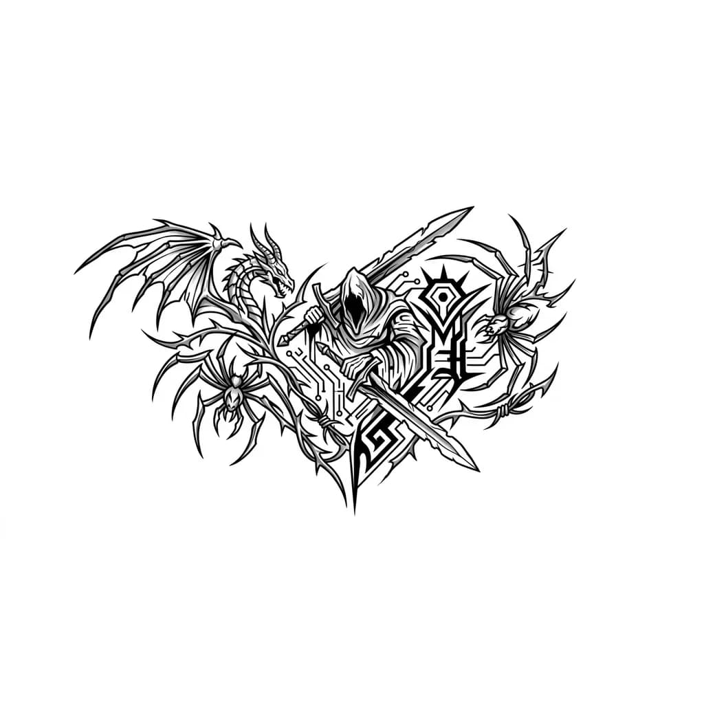Тату эскиз: Make me a tattoo using the bosses from Dark Souls 2 and 3 as examples. Two bosses from Dark Souls 3 are Gael and Midir, who is a dragon. The other is from Dark Souls 2, the spider called the Duke's Beloved Freja, covering the jaw area up to the shoulder.
