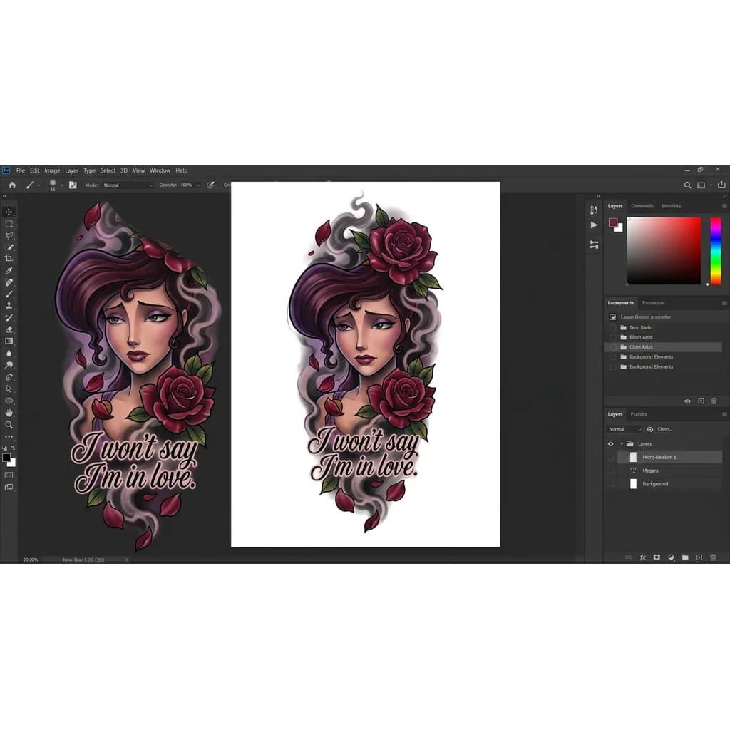 Тату эскиз: Tattoo de muslo y cadera inspirado en Megara de Hércules, con estilo realista y cinematográfico. El diseño muestra solo una parte del rostro de Megara saliendo entre humo oscuro y sombras suaves, transmitiendo una expresión elegante, melancólica y emocionalmente distante. Sus rasgos deben parecerse bastante a los de la película animada. Alrededor del rostro aparecen rosas realistas oscuras con pétalos cayendo suavemente.