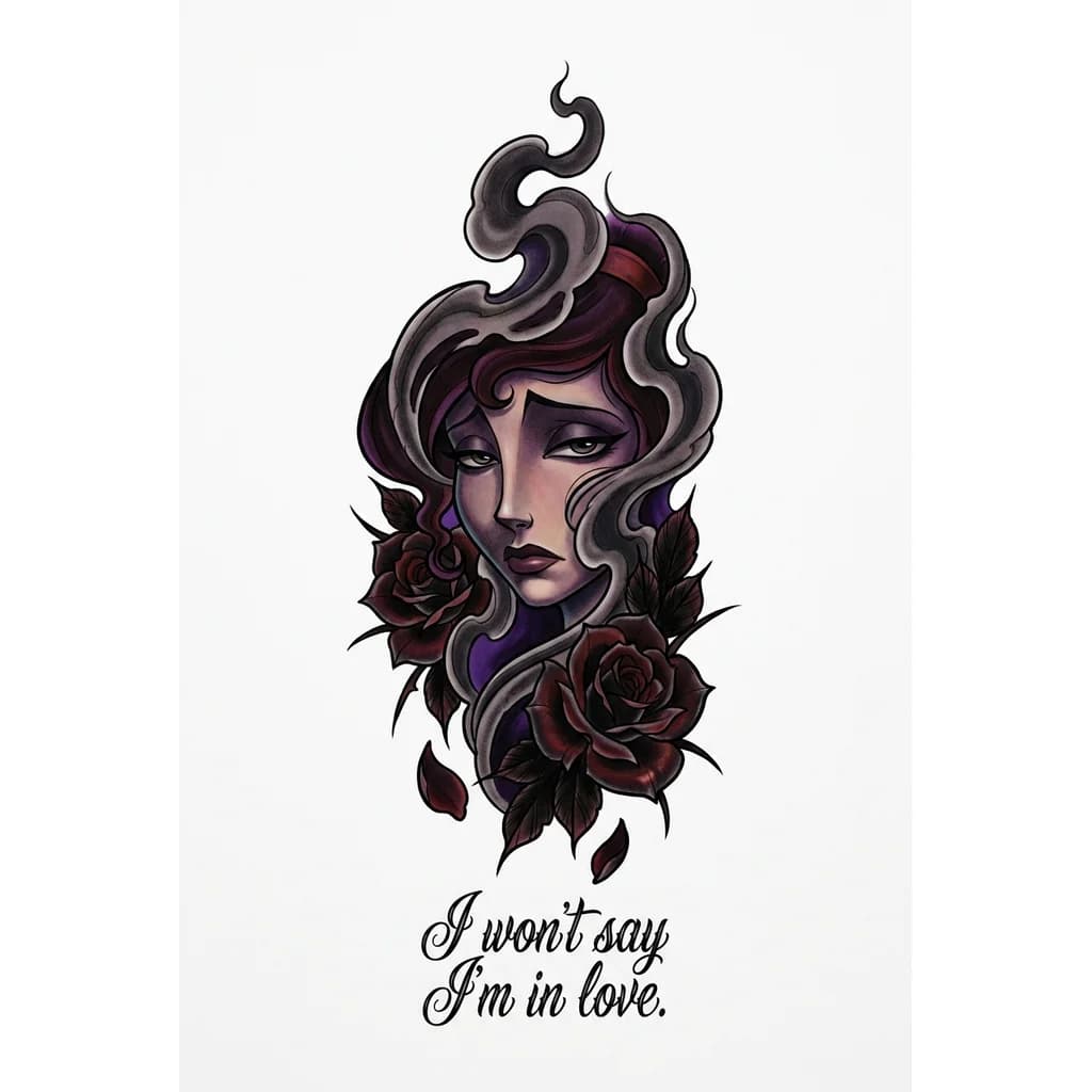 Тату эскиз: Tattoo de muslo y cadera inspirado en Megara de Hércules, con estilo realista y cinematográfico. El diseño muestra solo una parte del rostro de Megara saliendo entre humo oscuro y sombras suaves, transmitiendo una expresión elegante, melancólica y emocionalmente distante. Sus rasgos deben parecerse bastante a los de la película animada pero que sea más realismo y un estilo dark femenino . Alrededor del rostro aparecen rosas realistas oscuras con pétalos cayendo suavemente.