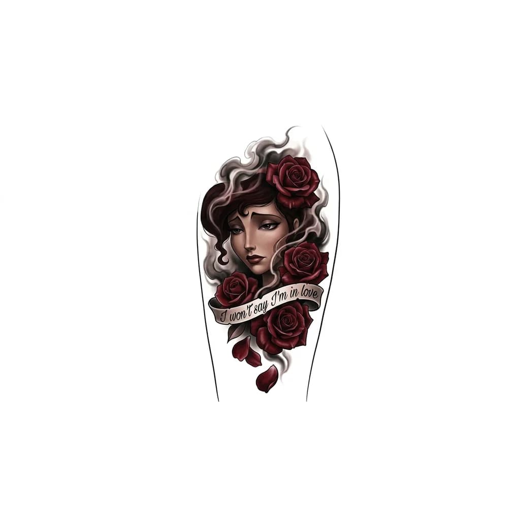 Тату эскиз: Tattoo de muslo y cadera inspirado en Megara de Hércules, con estilo realista y cinematográfico. El diseño muestra solo una parte del rostro de Megara saliendo entre humo oscuro y sombras suaves, transmitiendo una expresión elegante, melancólica y emocionalmente distante. Sus rasgos deben parecerse bastante a los de la película animada pero que sea más realismo y un estilo dark femenino . Alrededor del rostro aparecen rosas realistas oscuras con pétalos cayendo suavemente.