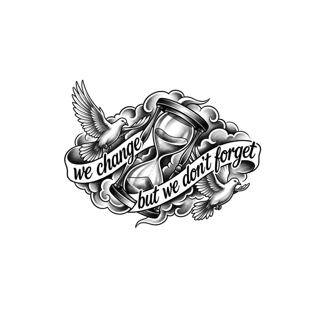 Тату эскиз: La phrase « we change but we don't forget » avec des nuage un sablier des colombes 