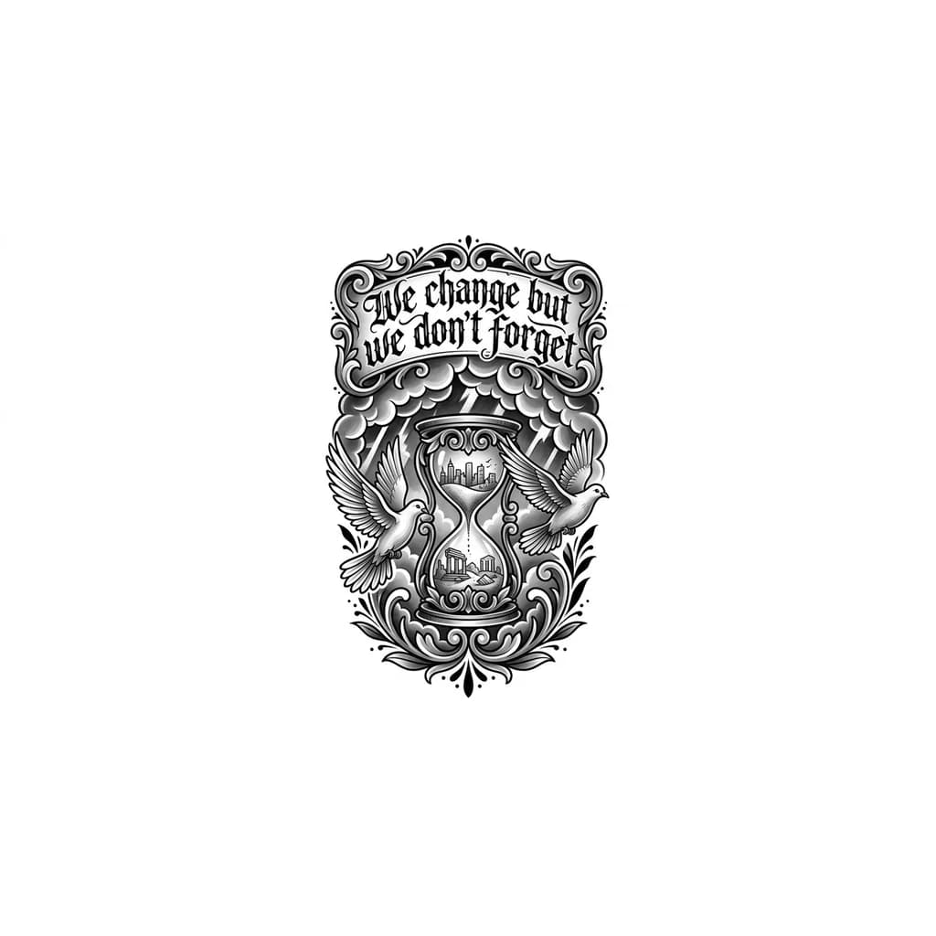 Тату эскиз: La phrase « we change but we don't forget » avec des nuage un sablier des colombes 