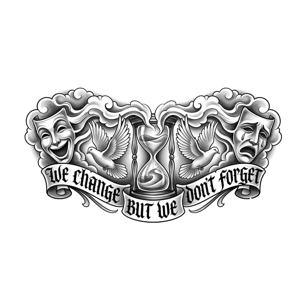 Тату эскиз: La phrase « we change but we don't forget » avec des nuage un sablier des colombes un masque qui rit/qui pleure 
