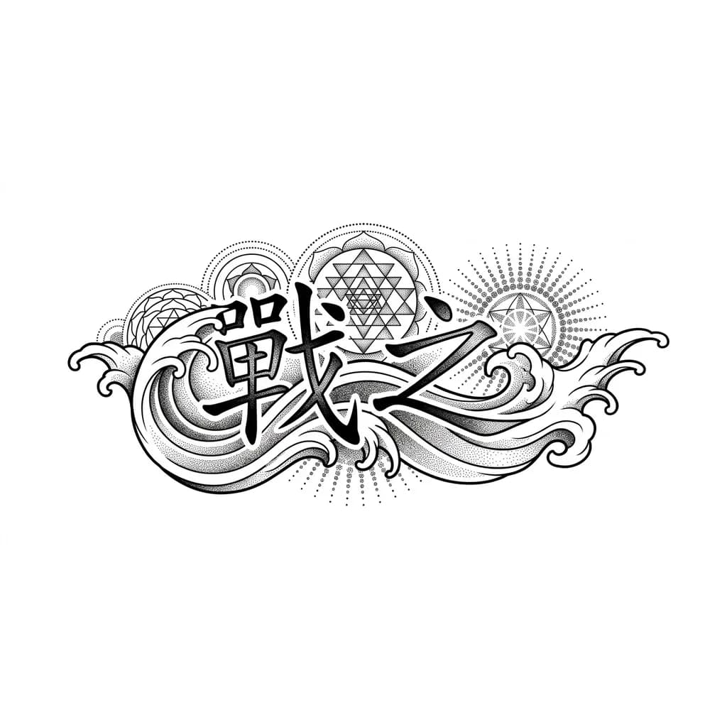 Тату эскиз:  戰之  font/design in an abstract style, composed of several flowing lines inspired only by Japanese painting waves. I don’t want it to look too realistic.