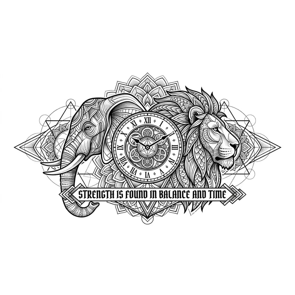Тату эскиз: Half elephant half lion with a clock a quote