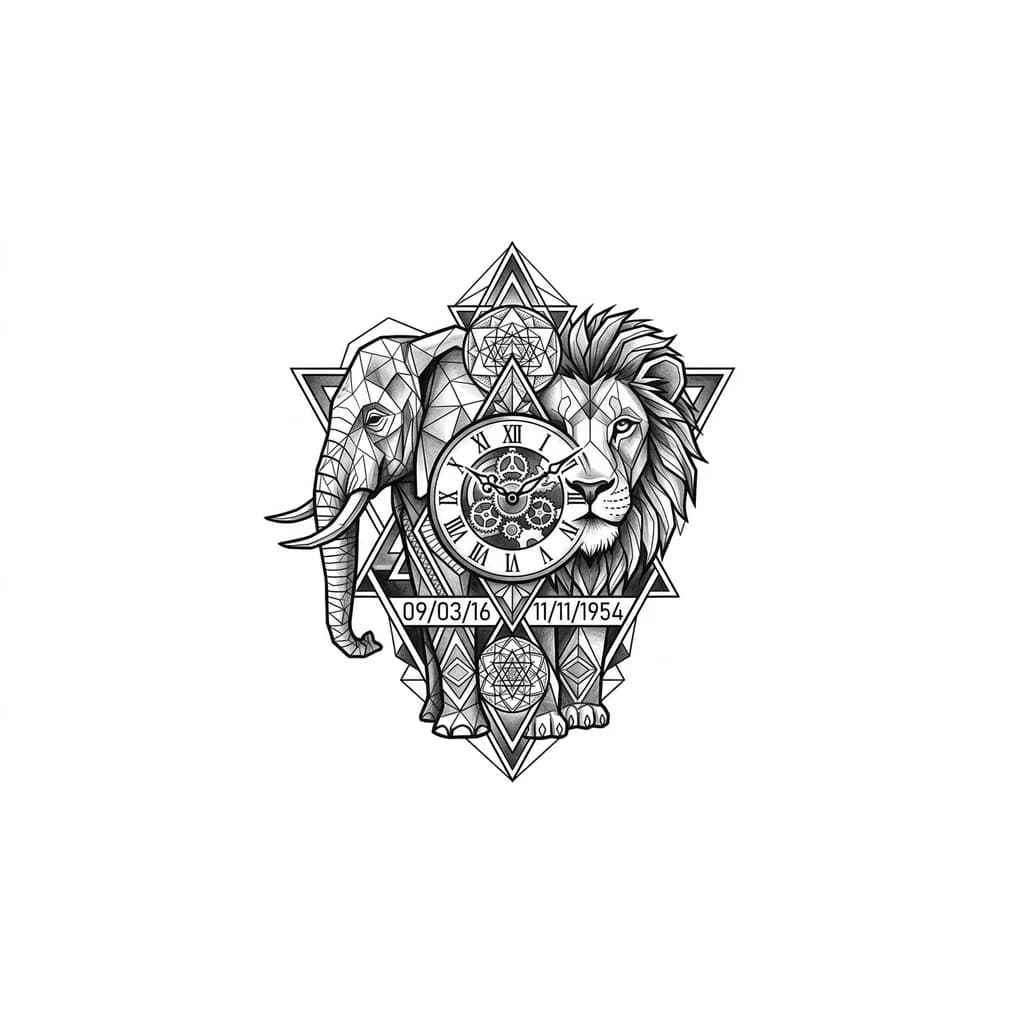 Тату эскиз: Half elephant half lion with triangles, a clock, and a date of 09/03/16 and also 11/11/1954 mainly for the back part of my body 