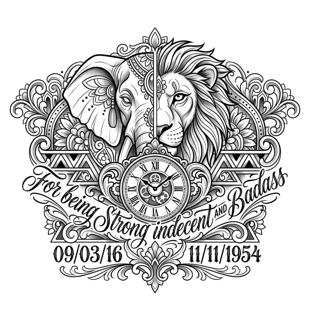 Тату эскиз: Half elephant half lion just faces not the whole image with triangles, a clock, and a date of 09/03/16 and 11/11/1954 and a quote of for being strong indecent and badass 
