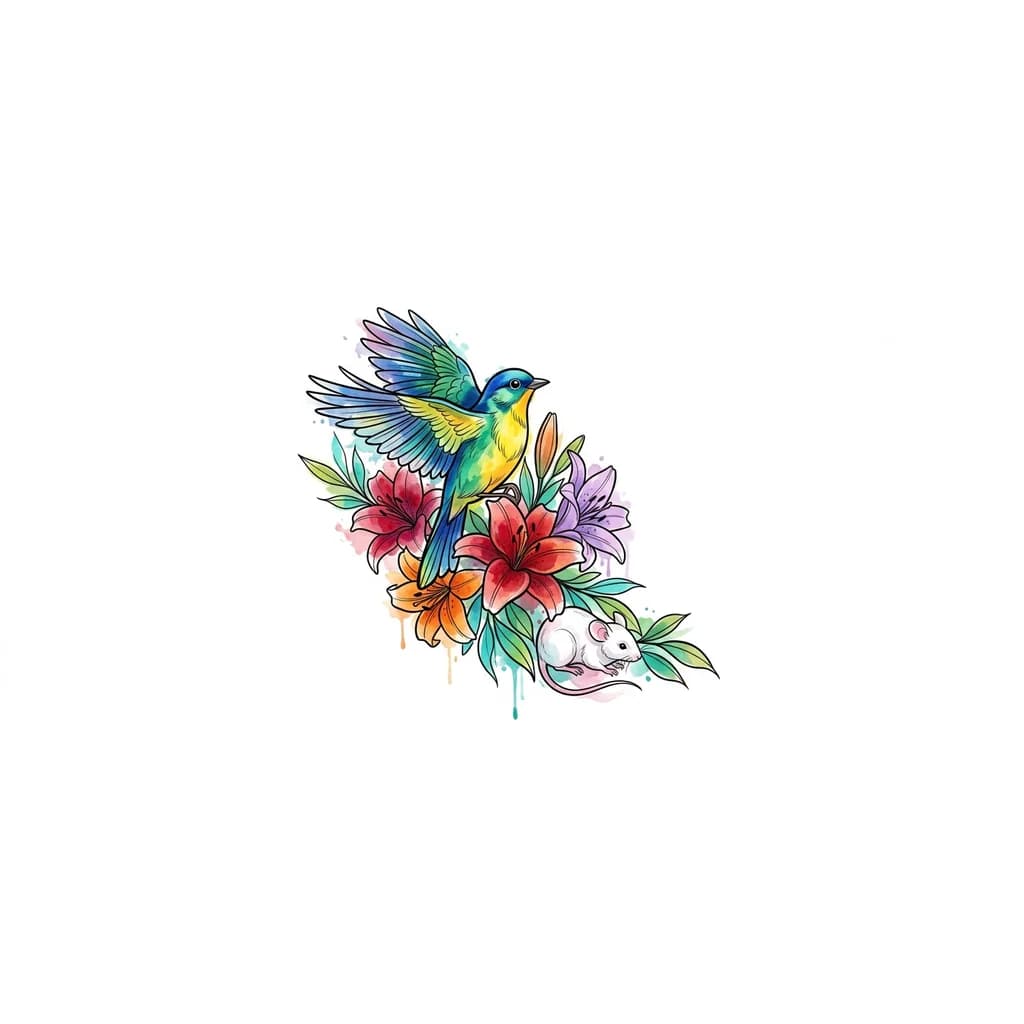 Тату эскиз: bird, lilies, leaves, white mouse 