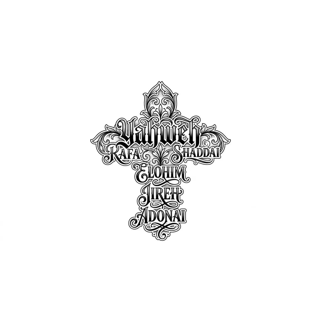 Тату эскиз: Quiero que los siguientes nombres forme una cruz : Yahweh, Rafa, Elohim, Shaddai, Jireh, Adonai