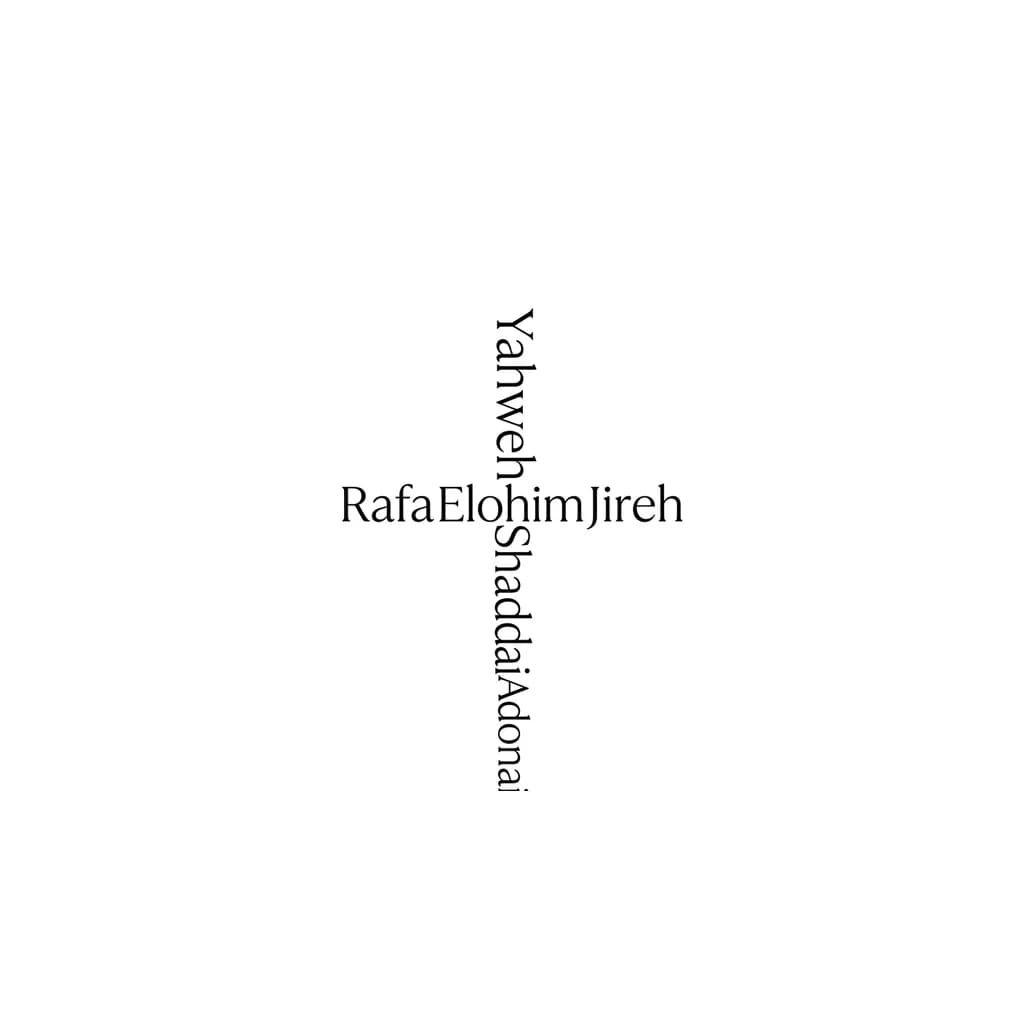 Тату эскиз: Create a perfectly symmetrical Christian cross made entirely from the words:
Vertical line of the cross: “Yahweh” on top, “Shaddai” in the center, “Adonai” at the bottom.
Horizontal line crossing through the center: “Rafa” on the left side and “Jireh” on the right side.
Place “Elohim” exactly in the center intersection of the cross so all words visually connect naturally.

The composition must look organic and artistic, as if the names themselves become the structure of the cross.
