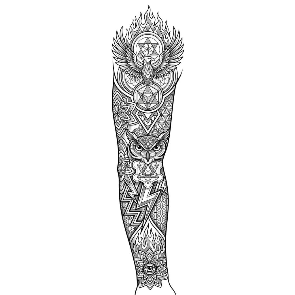 Тату эскиз: lightning and flame, majestic gods and beasts like owl or Fenix
