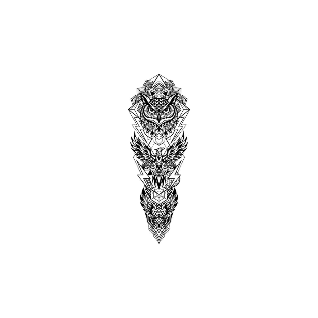 Тату эскиз: lightning and flame, majestic gods and beasts like owl or Fenix
