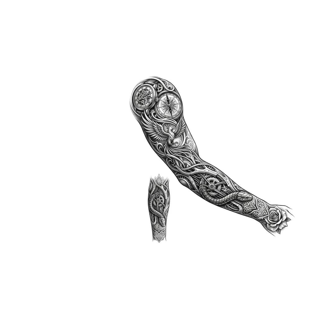 Тату эскиз: Necesito un tatuaje que conecte con un tatuaje de rosa que tengo en la mano, el tatuaje preferiblemente que se pueda segmentar en 2 partes: la primera, hombro, bicep y tricep; segunda, antebrazo completo