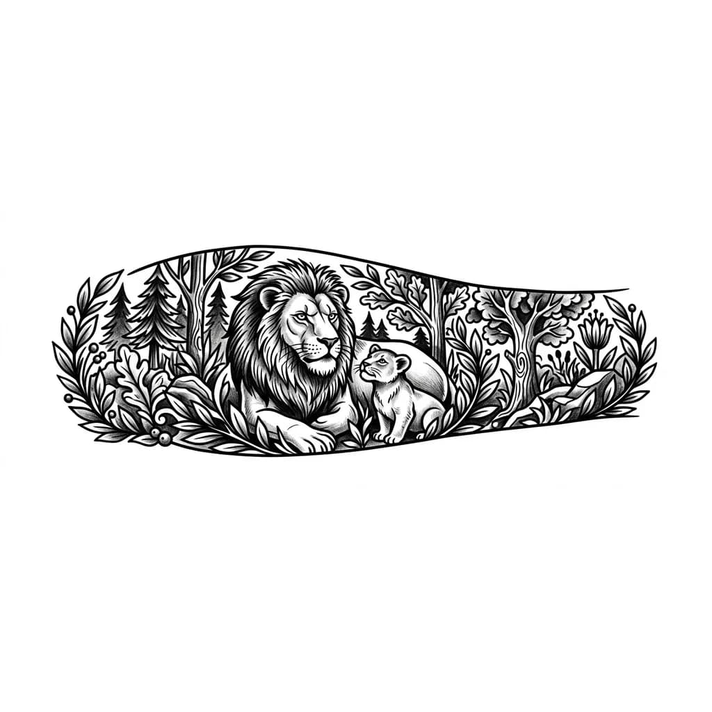 Тату эскиз: Lion and cub in a dense forest design for hand