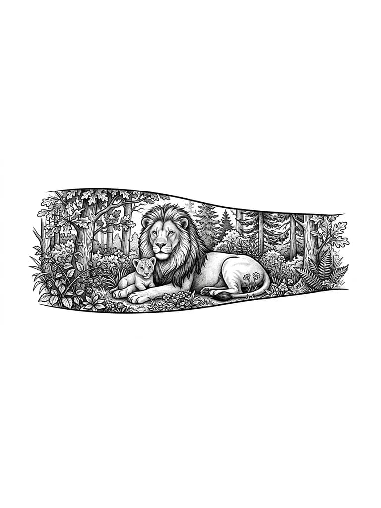 Тату эскиз: Lion and cub in a dense forest design for hand