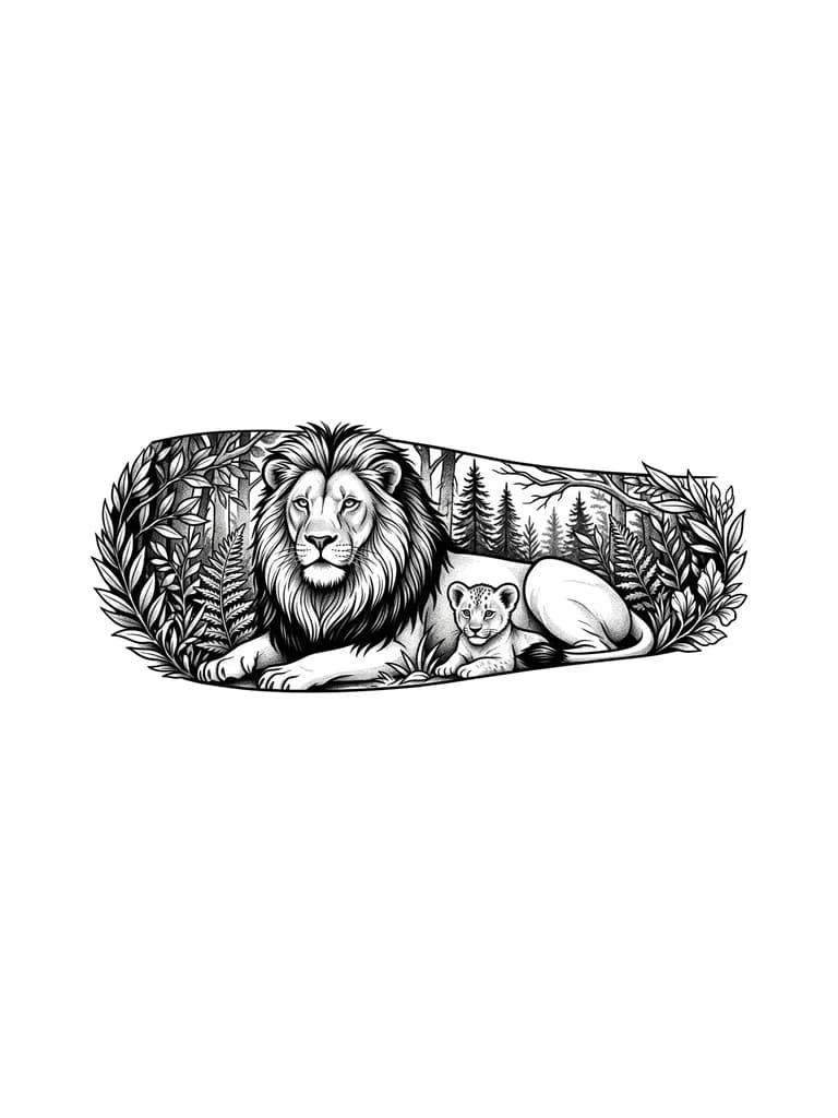 Тату эскиз: Lion and cub in a dense forest design for hand