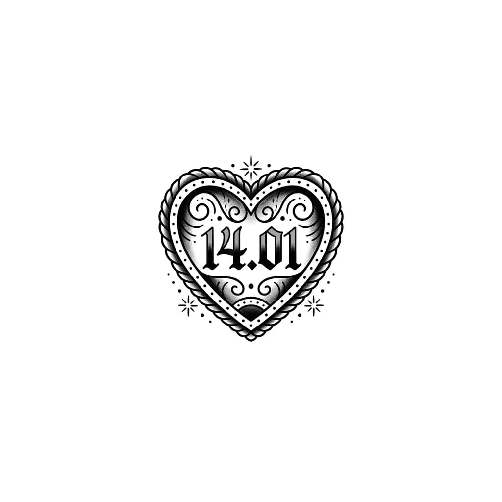 Тату эскиз: A heart with the date 14.01 in arabic
