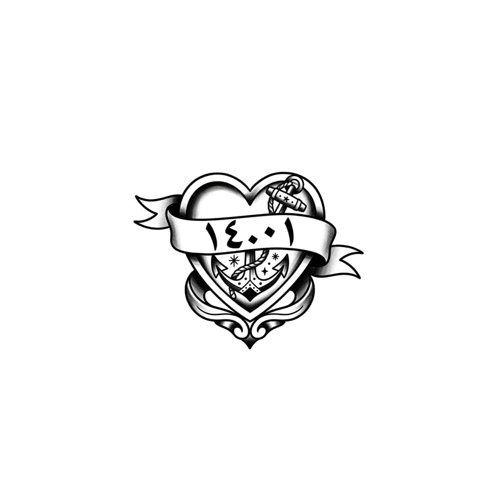Тату эскиз: A heart with the date 14.01 in arabic writing