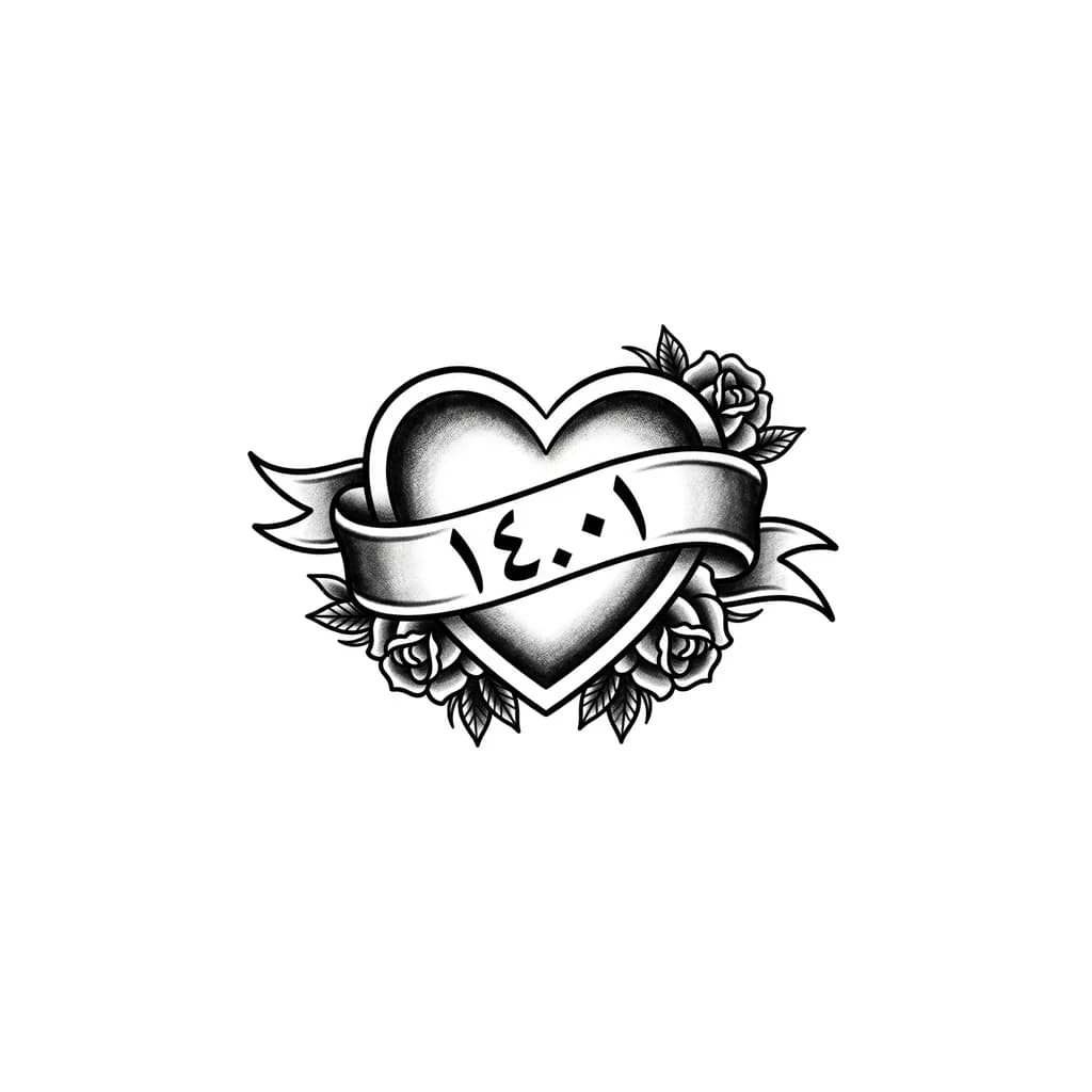 Тату эскиз: A heart with the date 14.01 in arabic writing but without the anchor