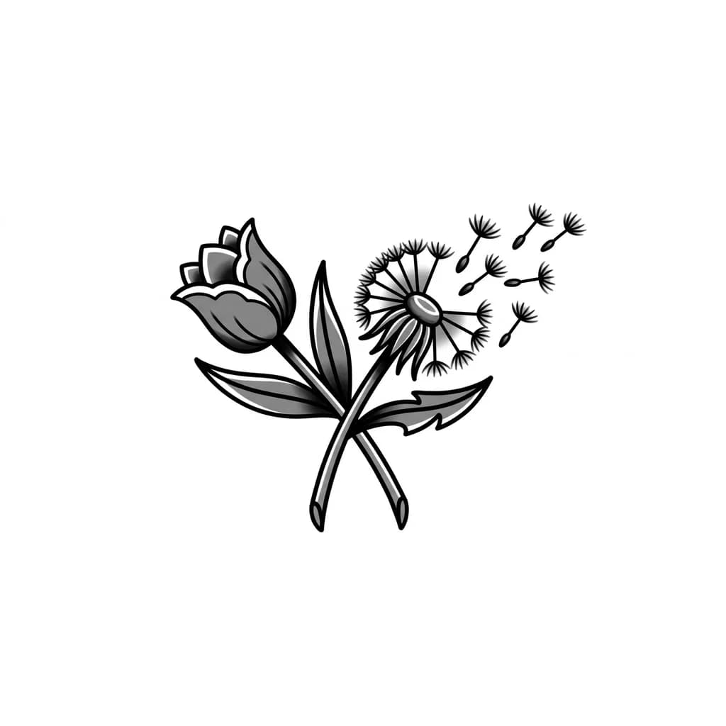 Тату эскиз: A tulip crossed over with a dandelion and 6 small parts of the dandelion blowing freely away