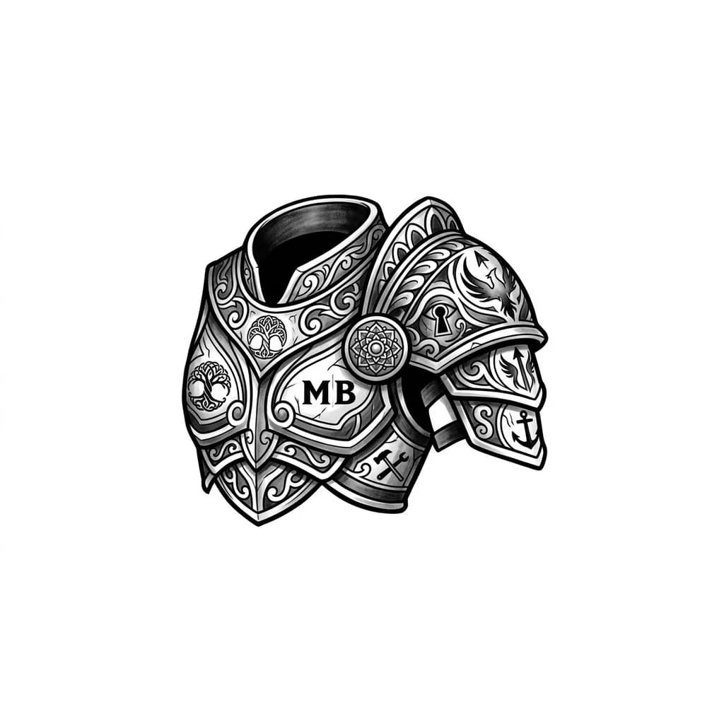 Тату эскиз: > “Diseño de tatuaje para pecho y hombro masculino en forma de pauldron de un solo hombro, como una armadura ornamental que cubre el hombro, parte del pectoral y se extiende ligeramente hacia la espalda. Incluir símbolos sutiles de estos valores en este orden: familia, espiritualidad, juegos de Mario Bros, misterio, ambición y recordarme disciplina.
