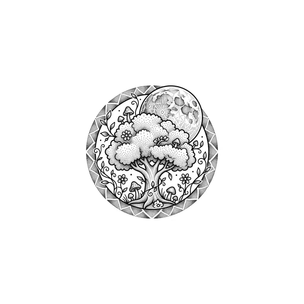 Тату эскиз: 
cute whimsy  fluffy tree big full moon in the sky and some little mushrooms flowers vines on the ground 
