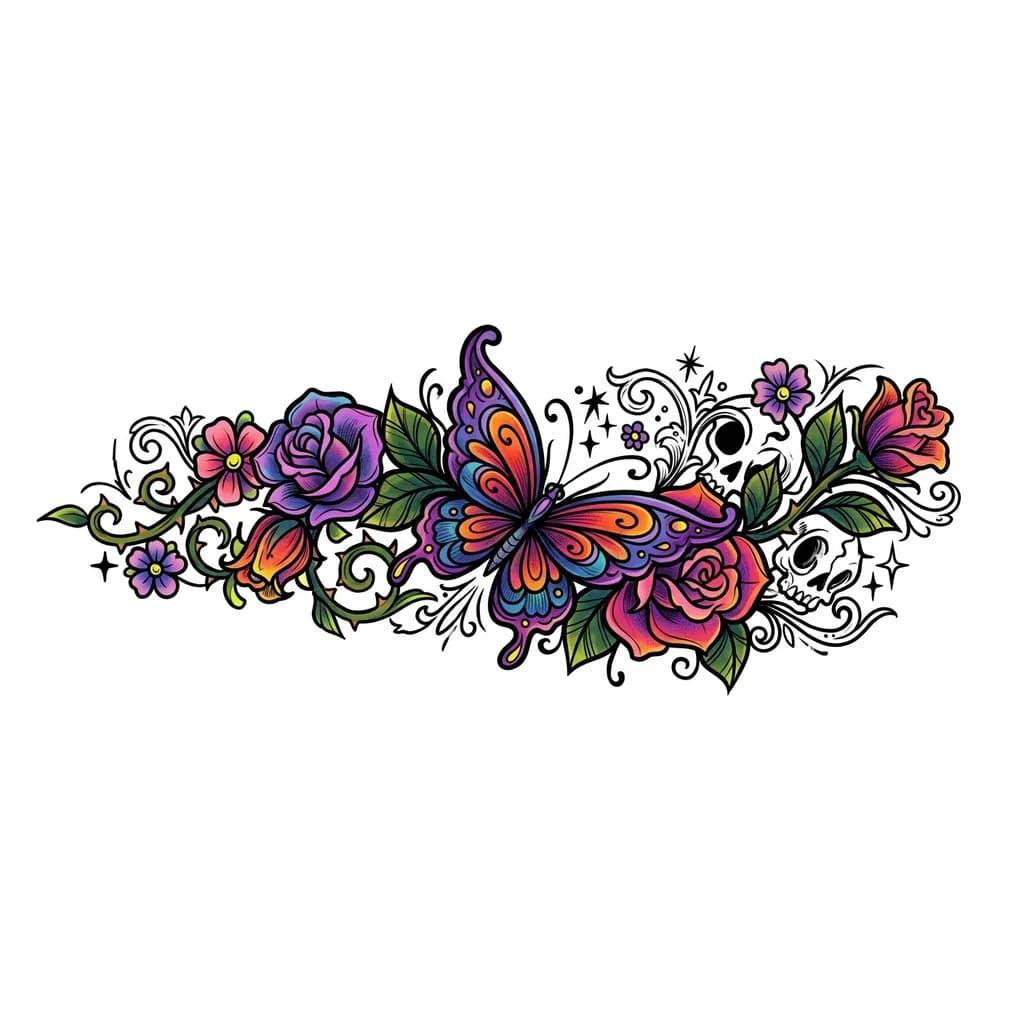 Тату эскиз: Flowers butterflies gothic 