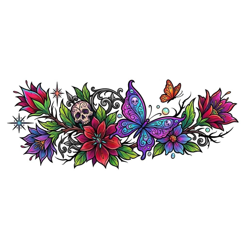 Тату эскиз: Flowers butterflies gothic 
