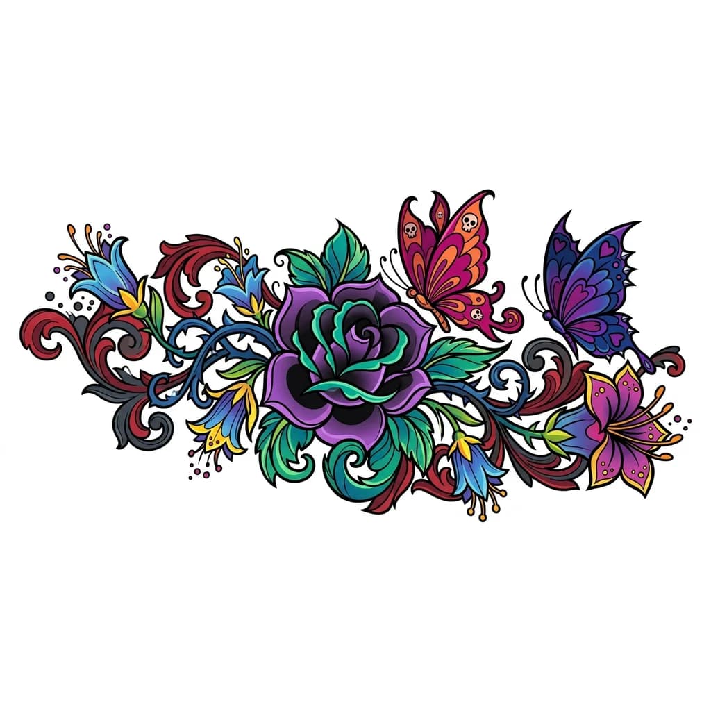 Тату эскиз: Flowers butterflies gothic 