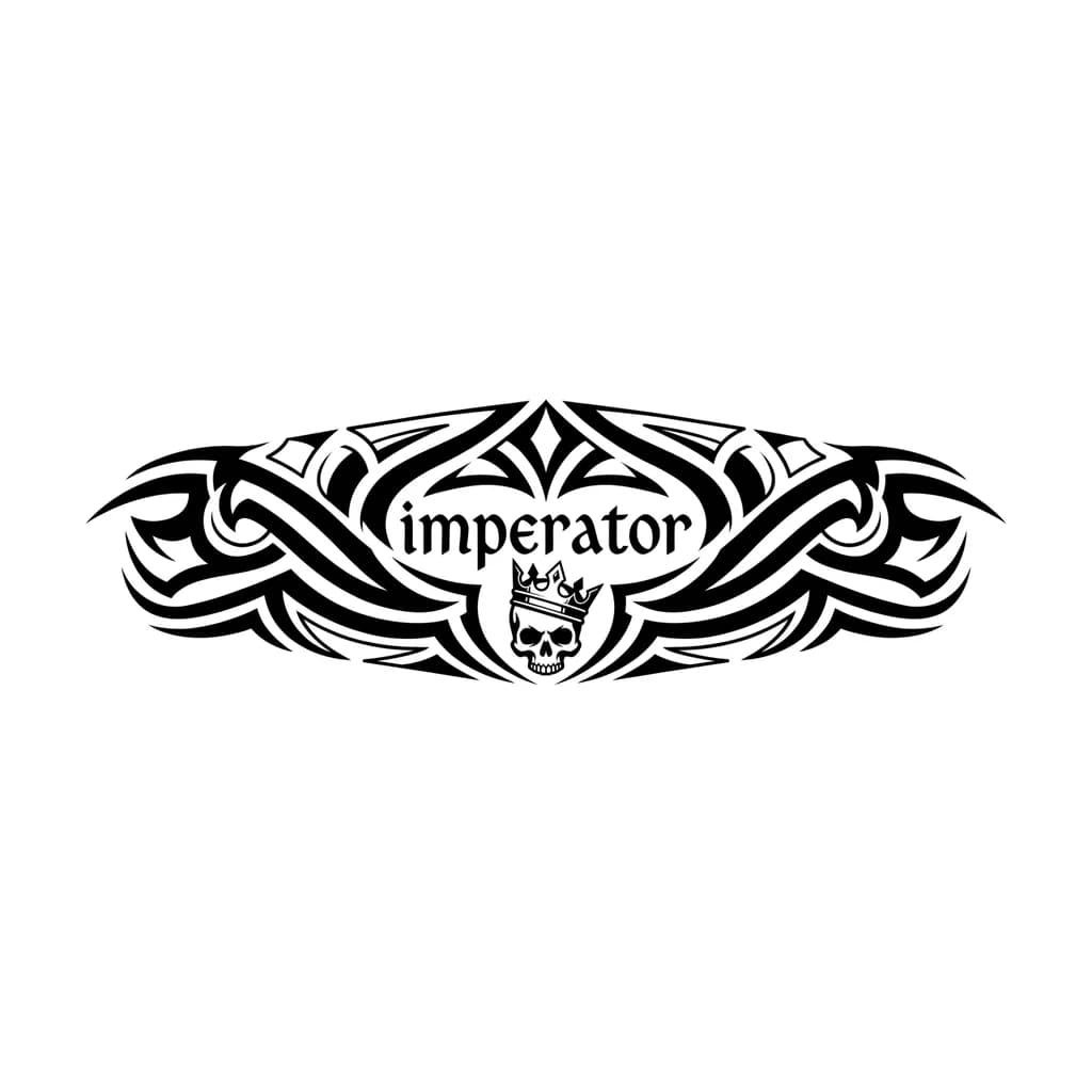 Тату эскиз: Quiero que escribas la palabra imperator con letras nórdicas y debajo una calavera con una corona puesta media caida 