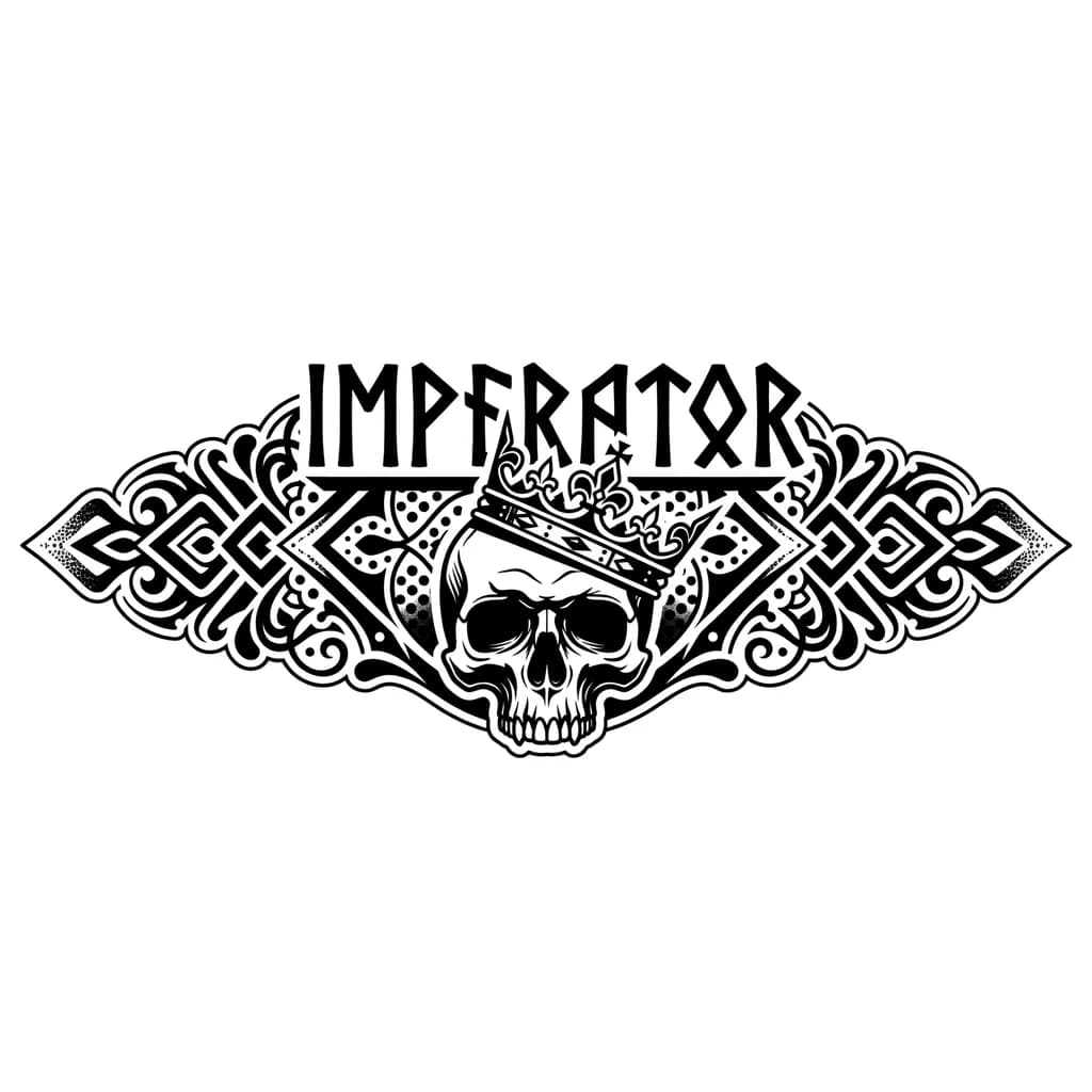 Тату эскиз: Quiero que escribas la palabra imperator con letras nórdicas y debajo una calavera con una corona puesta media caida 