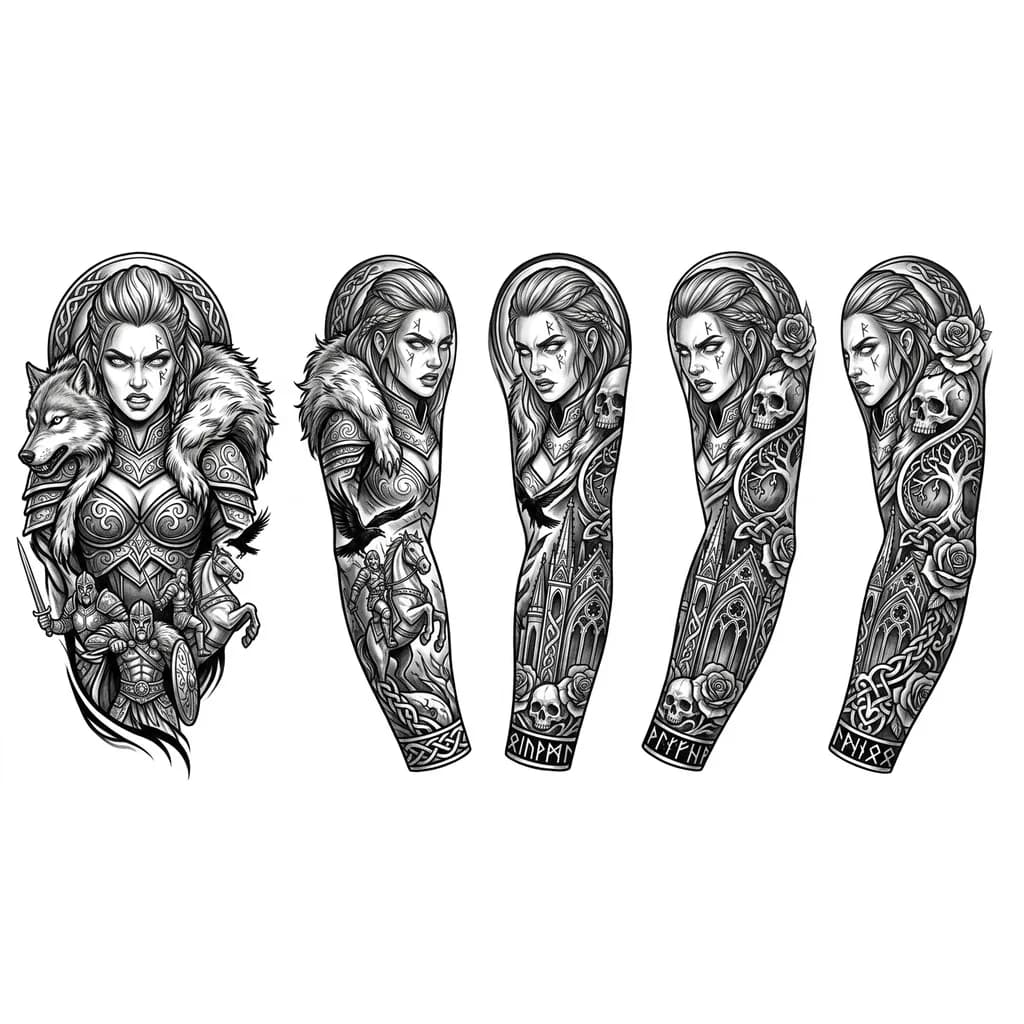 Тату эскиз: Hello, can you make a Valkyrie or Scandinavian woman in armor more aggressive, but with expressive lips and a little sexier to make the cleavage bigger, you can create blood or rune patterns on the face, whiter eyes, maybe a wolf's fur coat with a head around it
