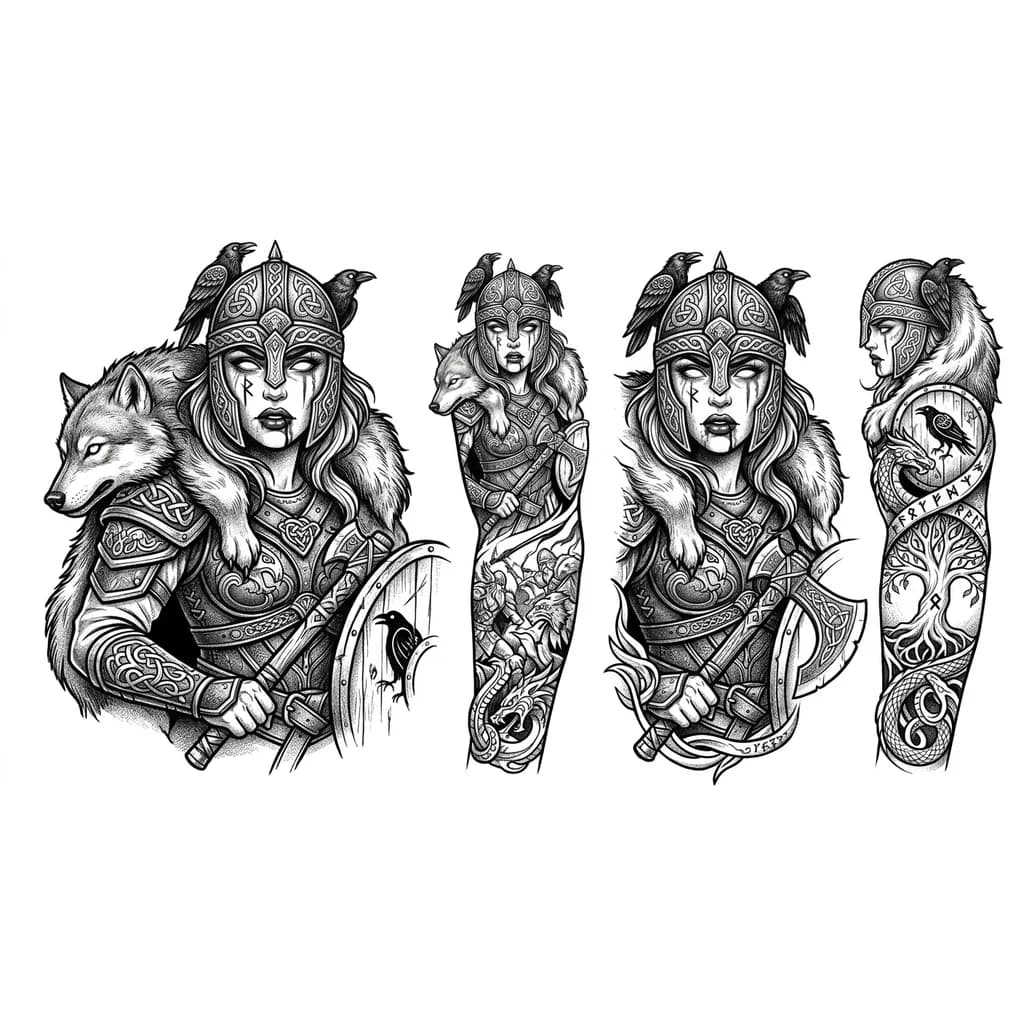 Тату эскиз: Hello, can you make a Valkyrie or Scandinavian woman in armor more aggressively, but with expressive lips and a little sexier, to have more cleavage, you can create blood or rune patterns on the face, whiter eyes, maybe a wolf's fur coat with a head around it, so that the lips are juicy and with blood, so that the face is beautiful, or give her more eroticism