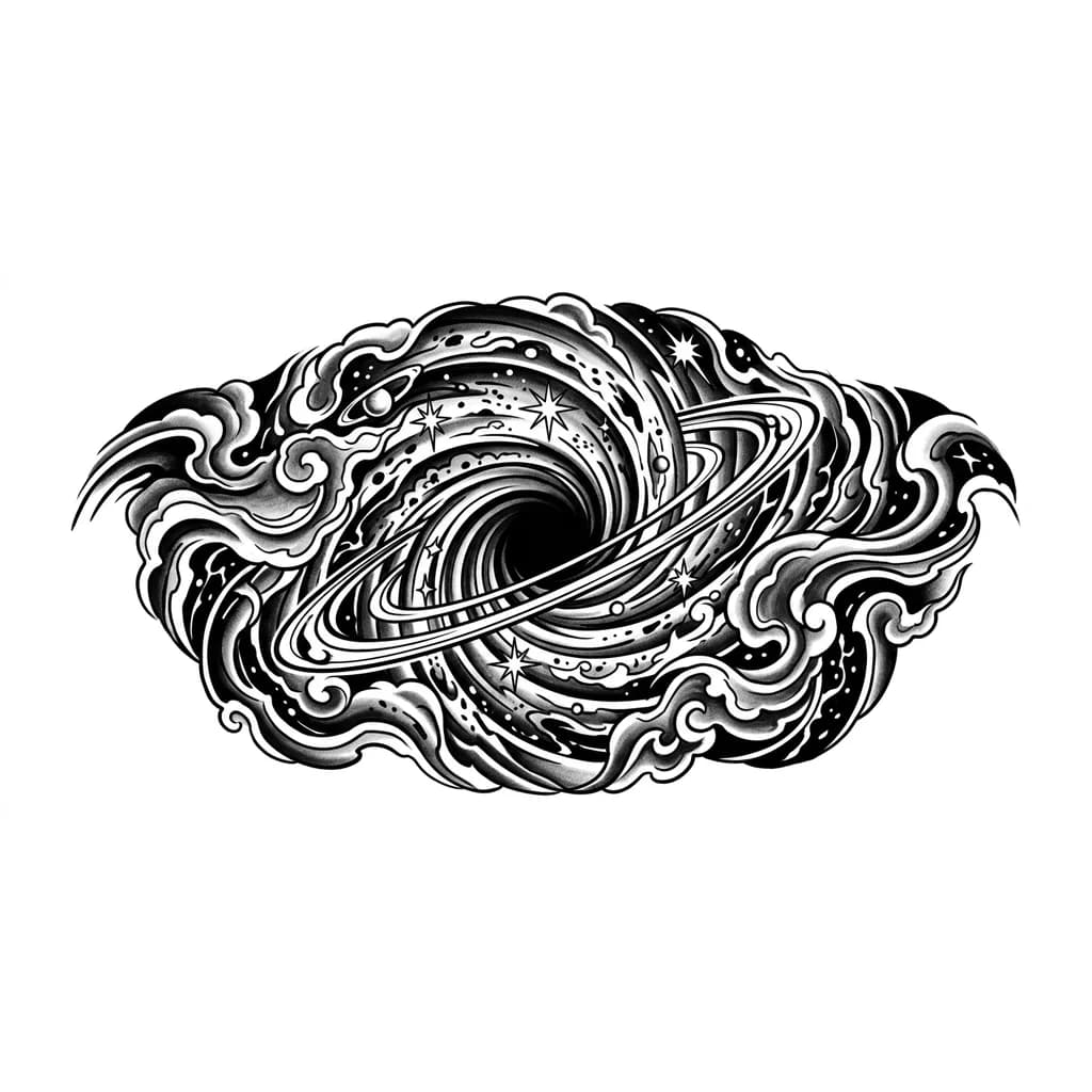 Тату эскиз: Full back tattoo design of an abstract cosmic black hole in modern blackwork japanese style. Gravitational spiral consuming stars and space. Nebula smoke patterns inspired by irezumi clouds. Massive central composition with ornamental celestial geometry and hypnotic orbital rings. Heavy black shading with strong negative space. Spiritual cosmic entity aesthetic, elegant flow, dark astral symbolism, tattoo stencil artwork.