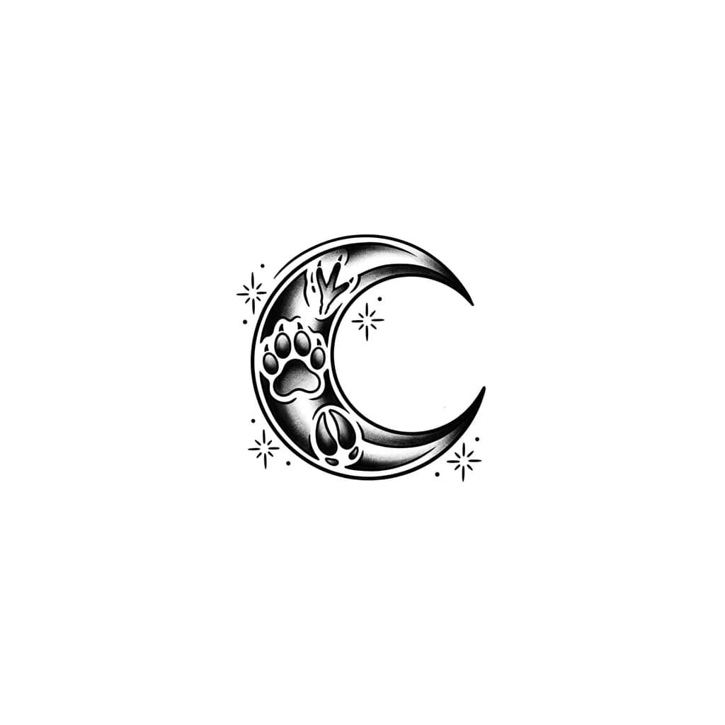 Тату эскиз: moon with pawprints of lion, lamb and dove as the shadows
